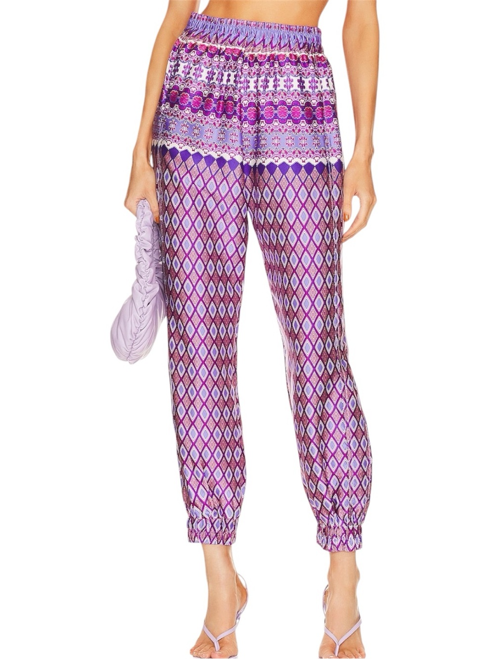 MISA Los Angeles Noomi Satin Jogger Pants XL Violet Geo Resort Boho NWT